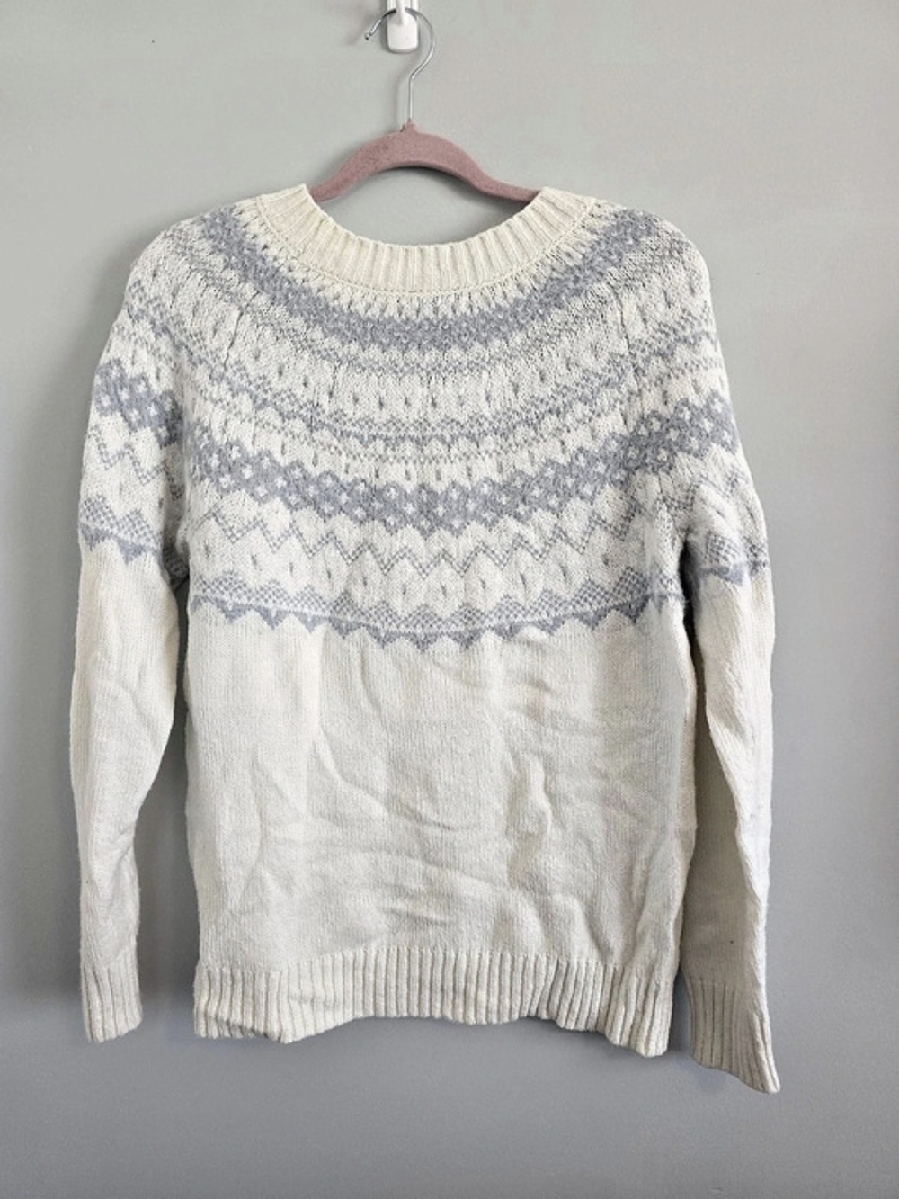 Talbots White Blue Fair Isle Jacquard Crewneck Sweater Women’s Medium